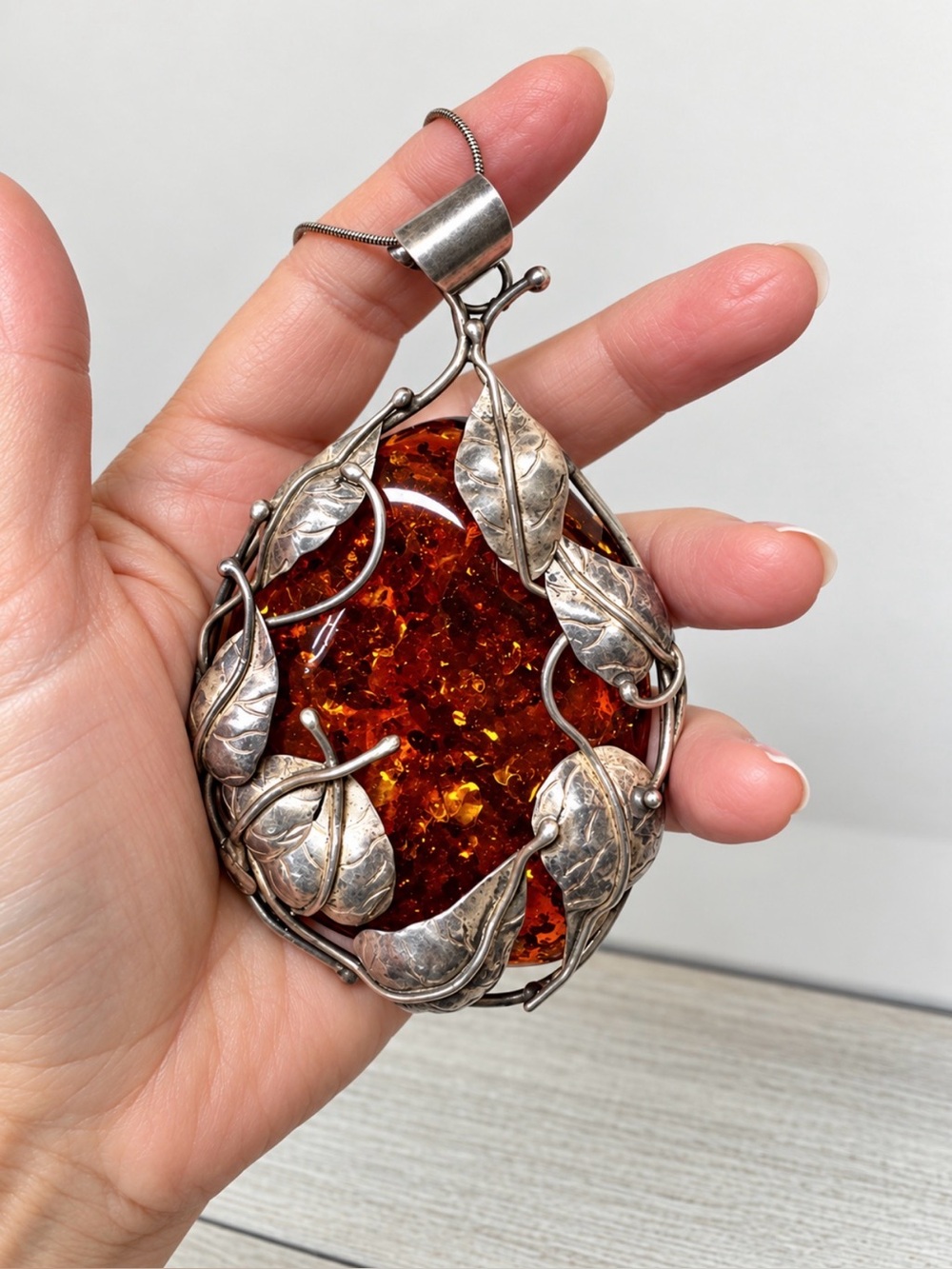Huge 925 Sterling Silver Amber Pendant Necklace Artisan Leaf Vine 112.36g